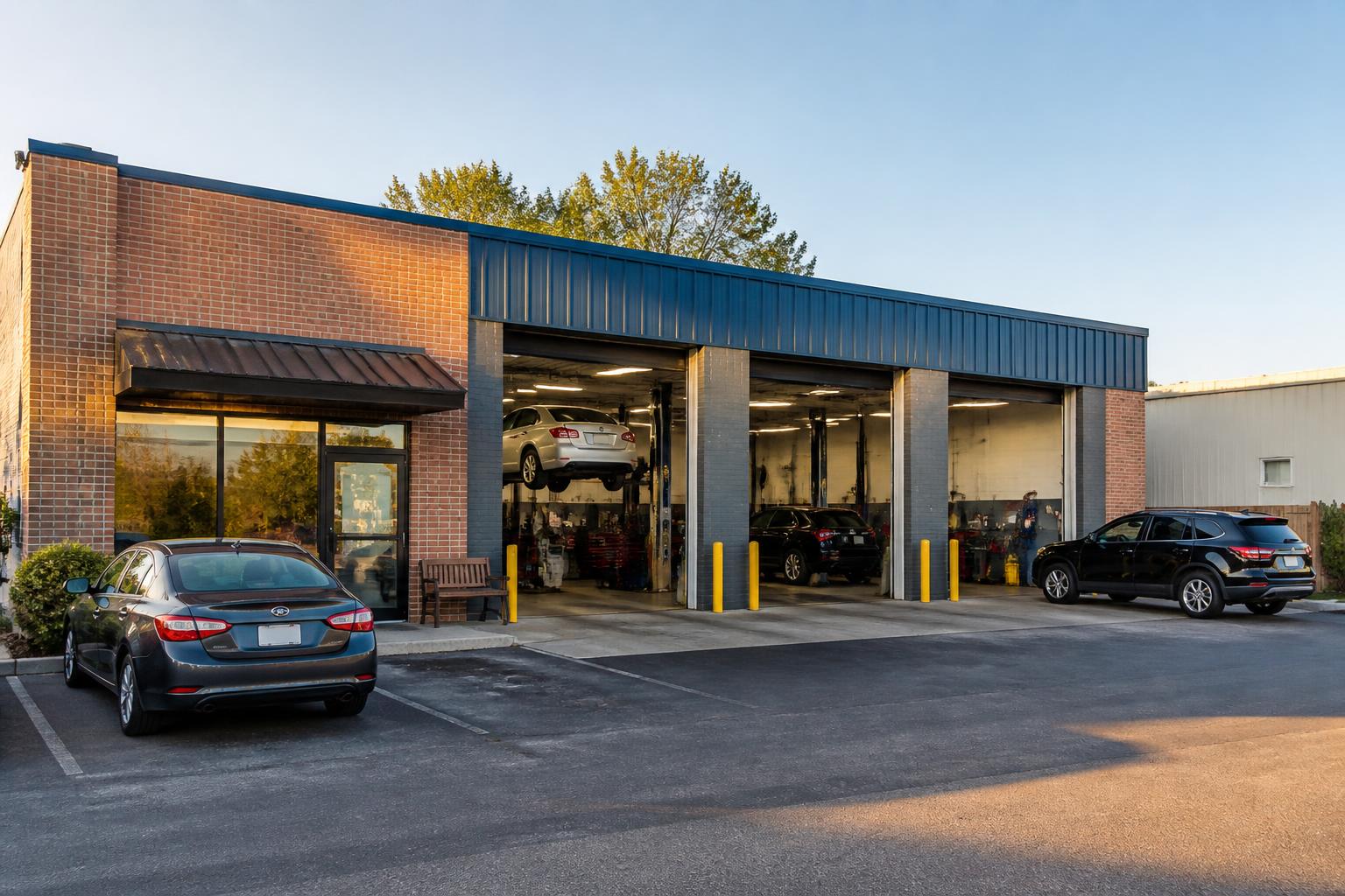 Three-bay neighborhood auto repair shop exterior