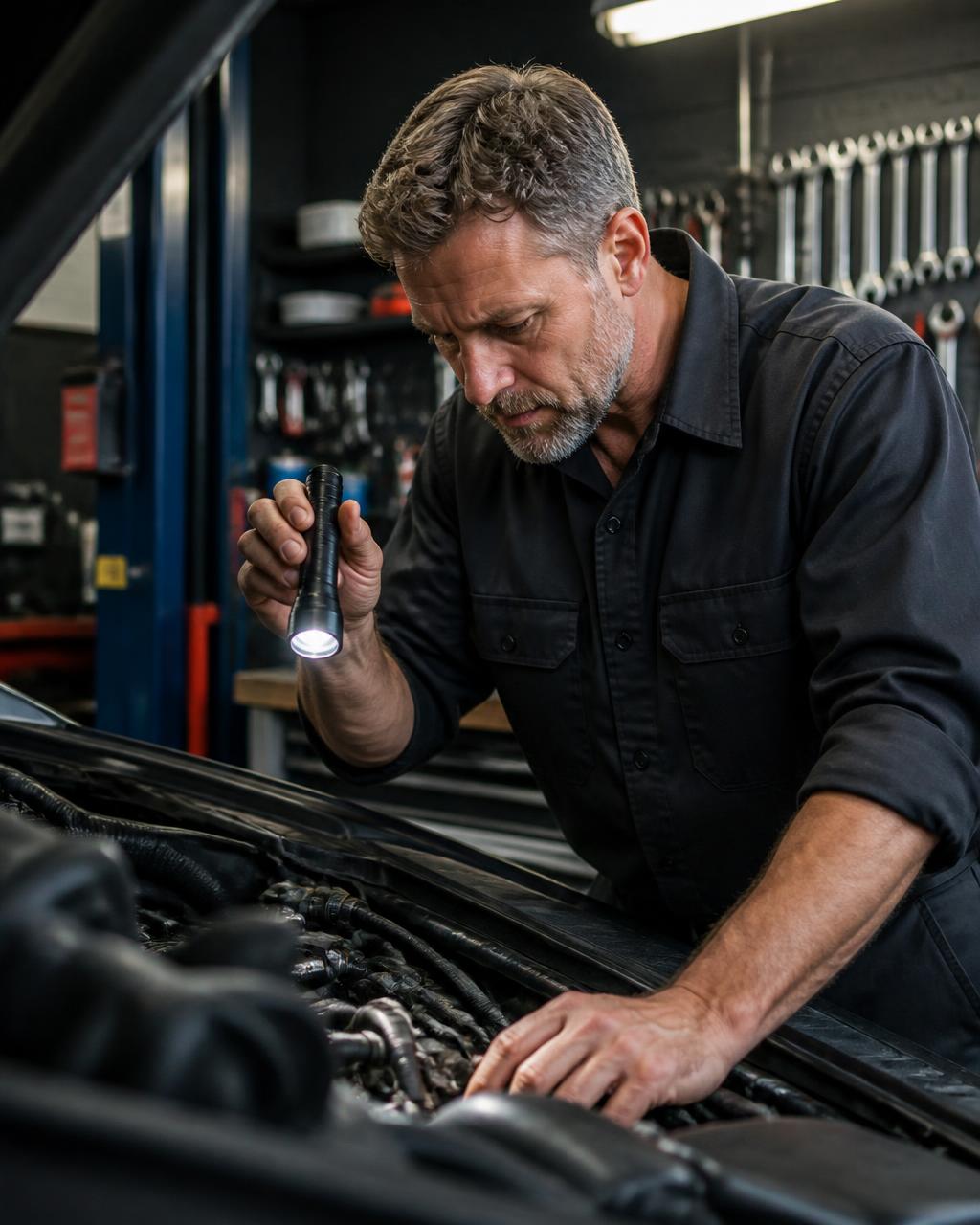 Experienced technician inspecting an engine